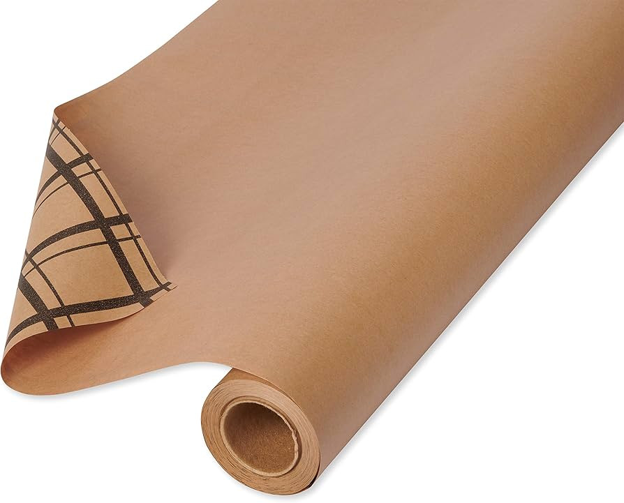 American Greetings Reversible Brown Wrapping Paper for All Occasions, Kraft Paper and Plaid (1 Ju... | Amazon (US)