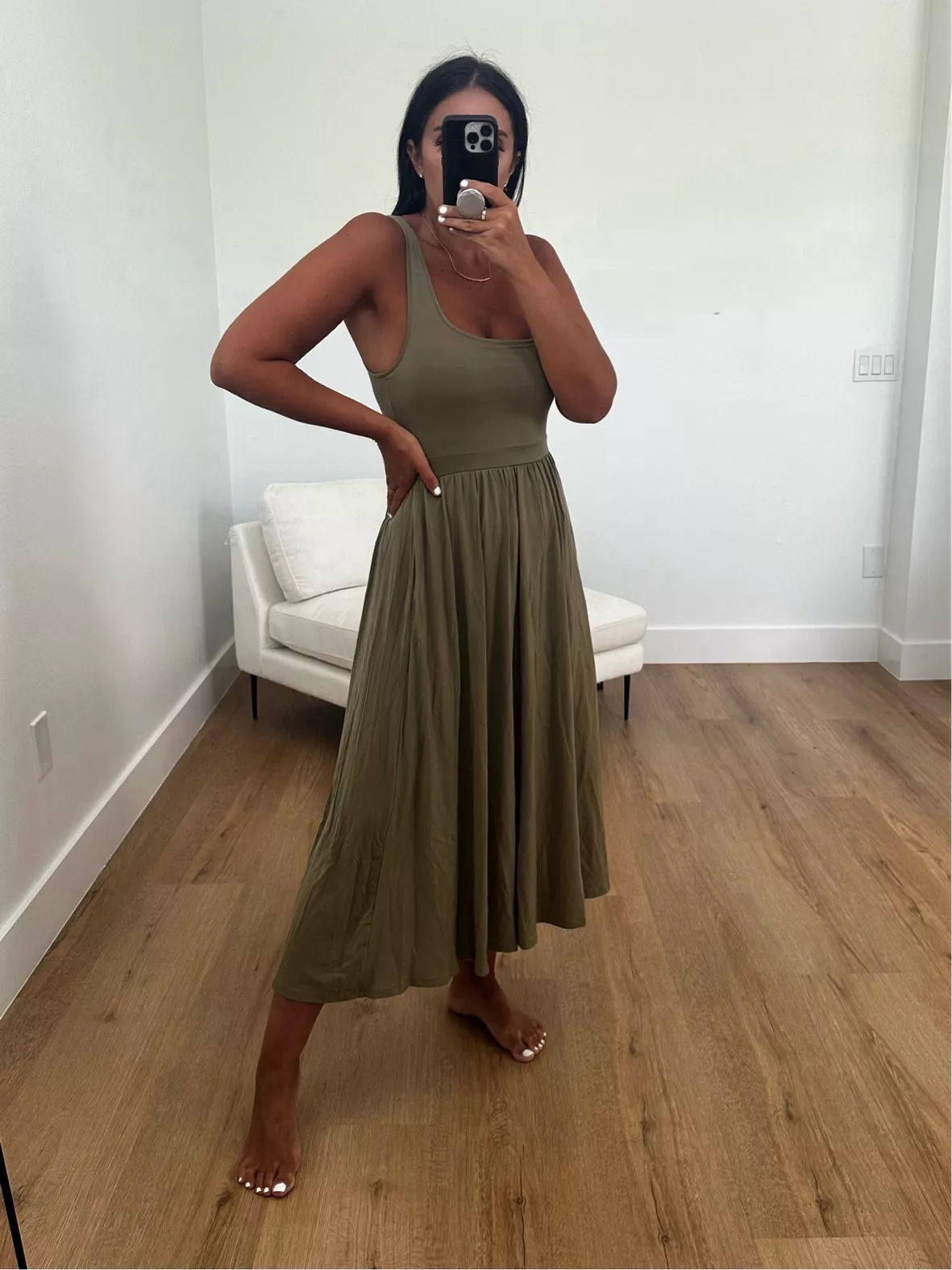 aritzia midi dress Contour Cami flare midi dress with a smocked bodice and adjustable straps Only Slip Satin Midi Dress