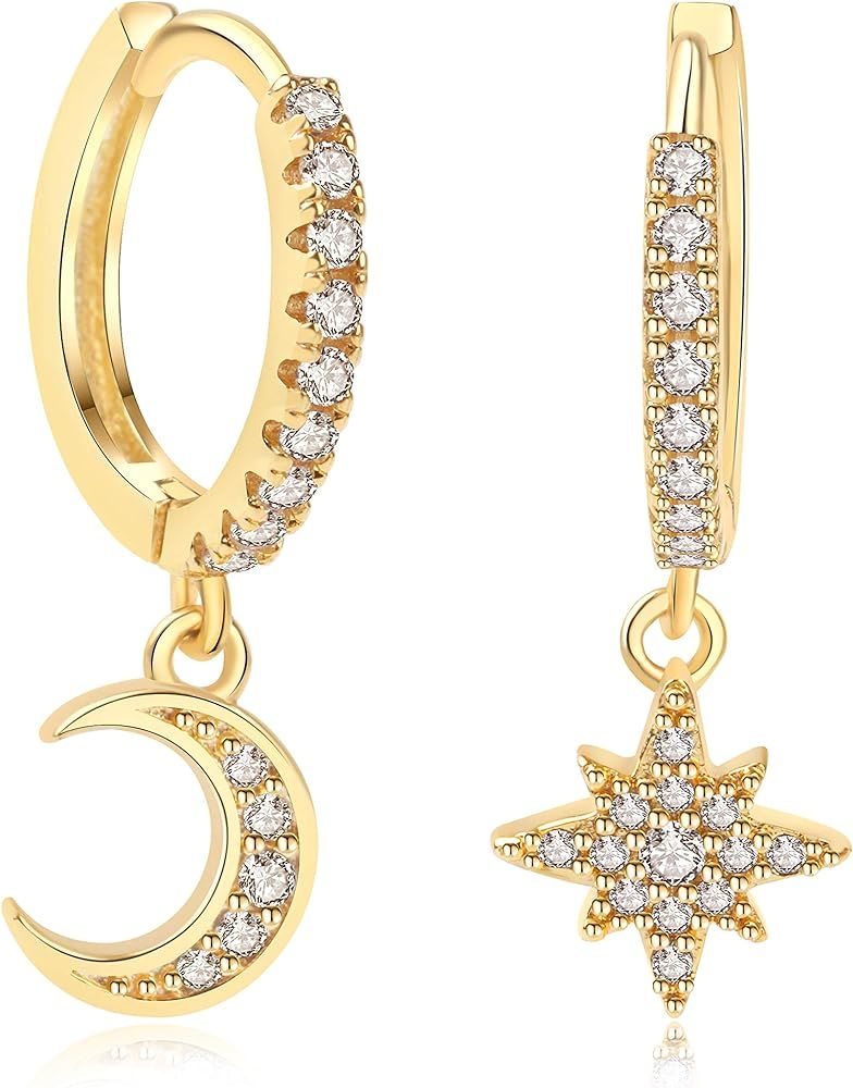 Tiny Gold Hoops Earrings Moon Star/Snake/Cross/Triple Spike/Bead Ball/Geometric Dangle Drop 14K G... | Amazon (US)