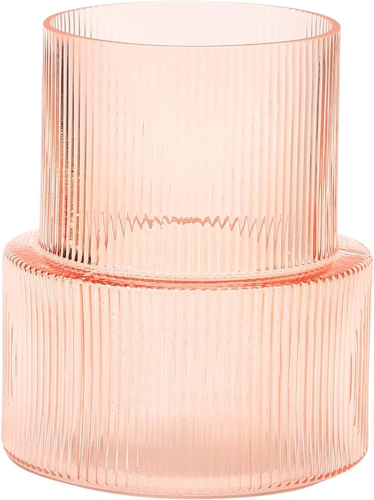 YANWE1 Pink Glass Vase, Ribbed Glass Vase, Fluted Glass Vase, Flower Vase, Ribbed Vase for Flower... | Amazon (US)
