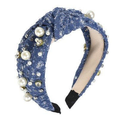 Unique Bargains Women's Pearly Crystal Knotted Headband Deep-Blue 1 Pc | Target