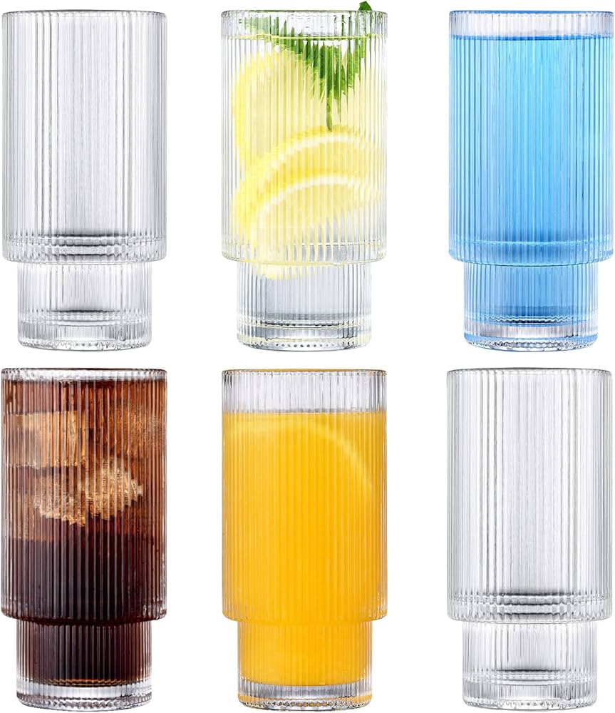 BJMEDYM Ribbed Glassware, Vintage Glassware 6pc Set, 12 oz Origami Style Glass Cup, Ripple Drinki... | Amazon (US)