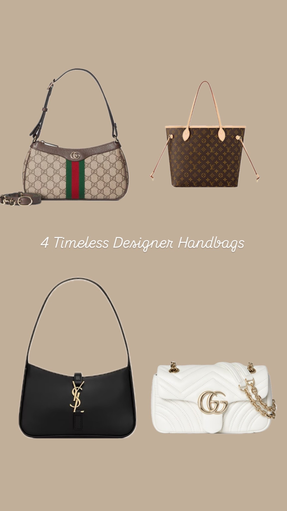 4 timeless designer handbags every fashion lover should own. These iconic pieces from Gucci, Louis Vuitton, YSL, and more never go out of style and elevate any outfit year after year. Perfect investment bags for your wardrobe.