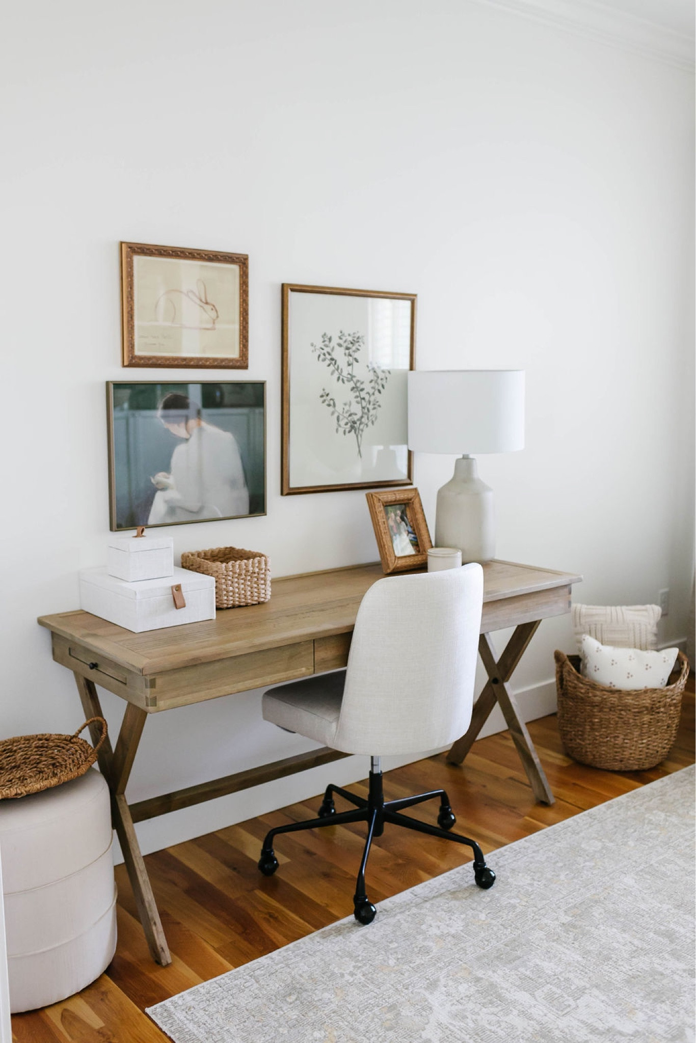 Home decor, home, office, upholstered desk chair, wood campaign desk, vintage rug, artwork, table lamp

#LTKhome #LTKsalealert #LTKFind