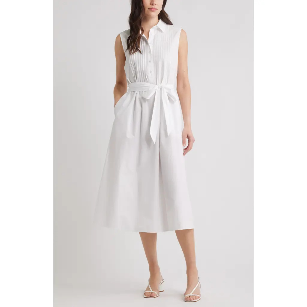 Caslon® Pintuck Sleeveless Cotton Poplin Shirtdress in White at Nordstrom Rack, Size X-Small | Nordstrom Rack