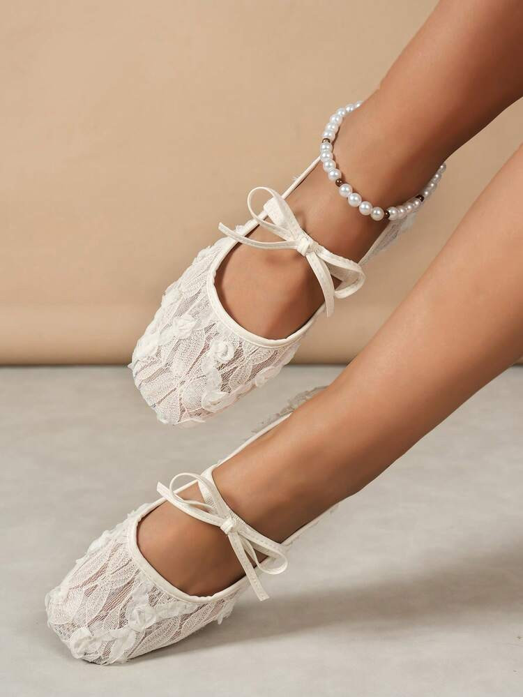 Fall/Winter White Women's Flat Ballet Shoes With Bow Decor & Floral Embroidery, Black Breathable Hollow Mesh Summer Sandals, Square Toe Glitter Wide Fit Mary Jane Shoes | SHEIN