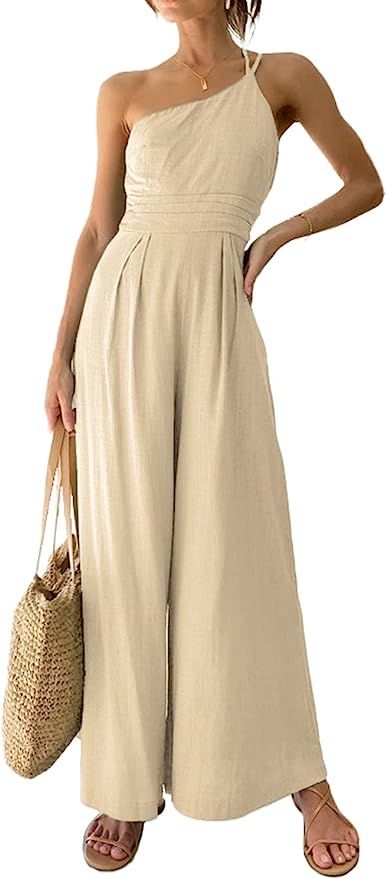 PRETTYGARDEN Women's Summer One Shoulder Strap Jumpsuits Casual High Waist Wide Leg Pleated Rompe... | Amazon (US)