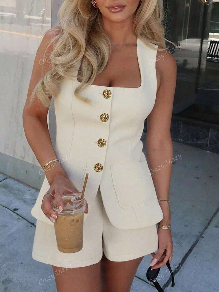 Ladies'Old Money Elegant Single-Breasted Real Pocket Suit Vest And Shorts Set,Outfit For Daily We... | SHEIN