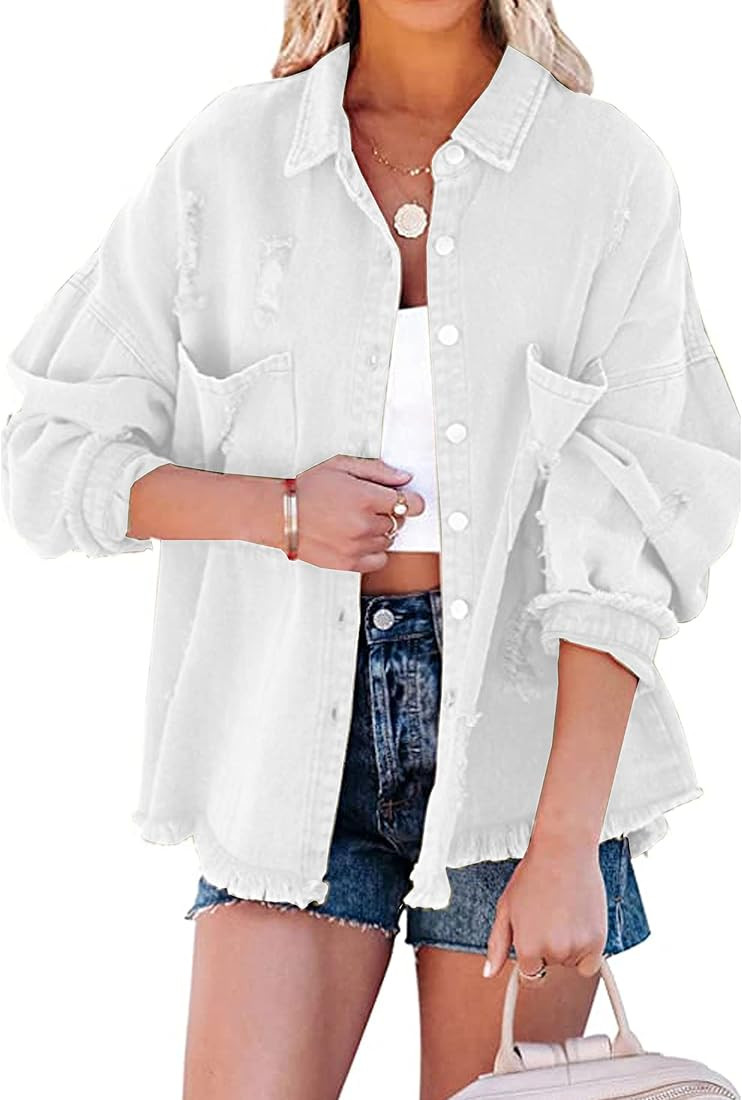 Lumister Womens Causal Oversized Soft Lightweight Distressed Jean Jacket Ripped Fringe Long Sleev... | Amazon (US)