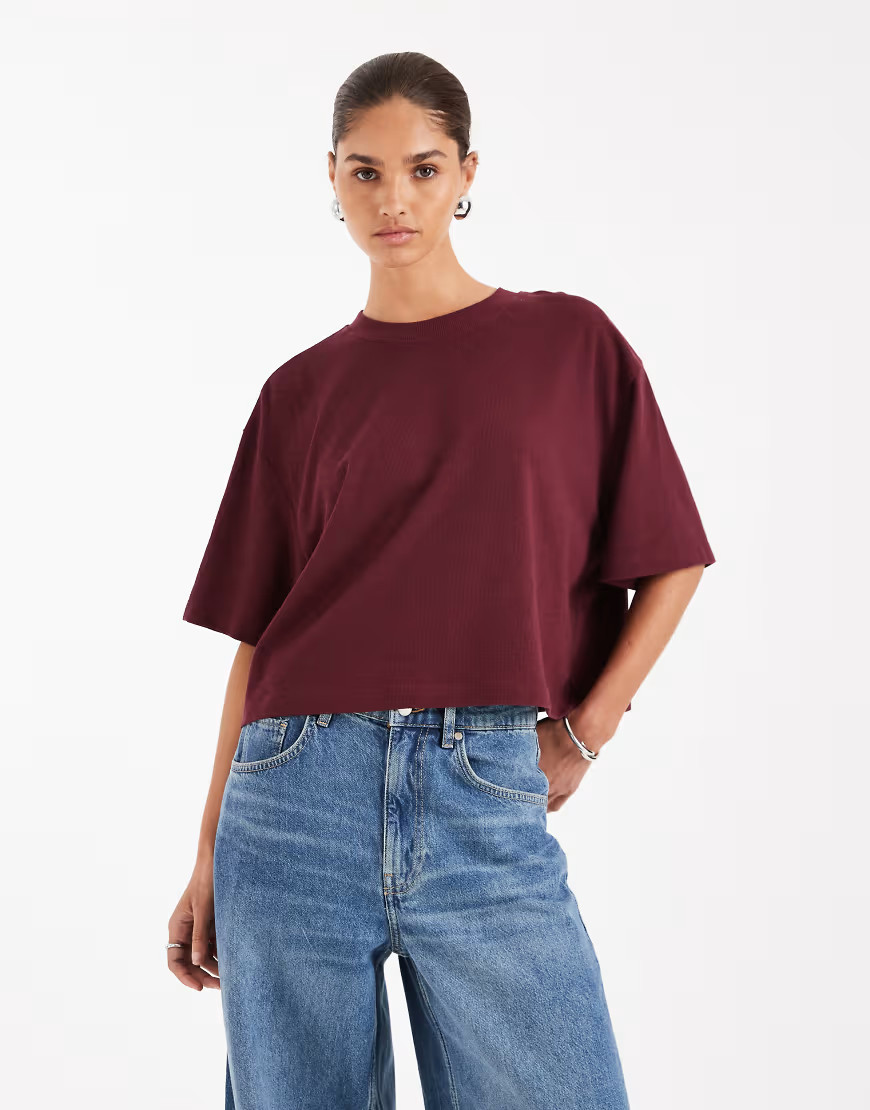 ASOS DESIGN textured jersey boxy crop t-shirt in burgundy | ASOS (Global)