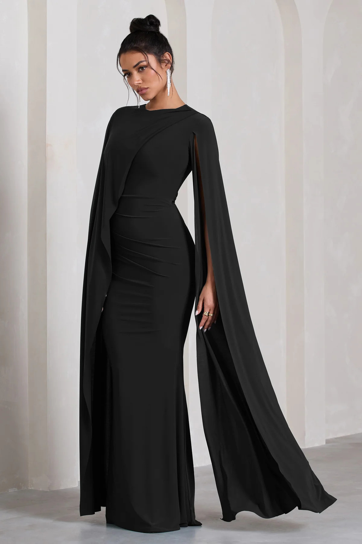 Magdelena | Black Asymmetric Cape Maxi Dress | Club L London