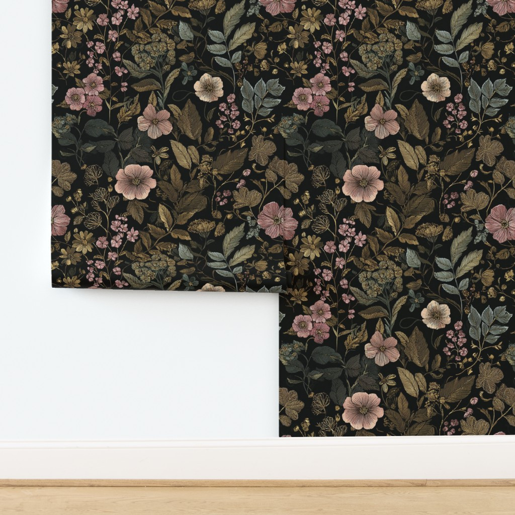 Dark Vintage Botanical Pattern Muted Floral Elegant Nature Design Wallpaper | Spoonflower | Spoonflower