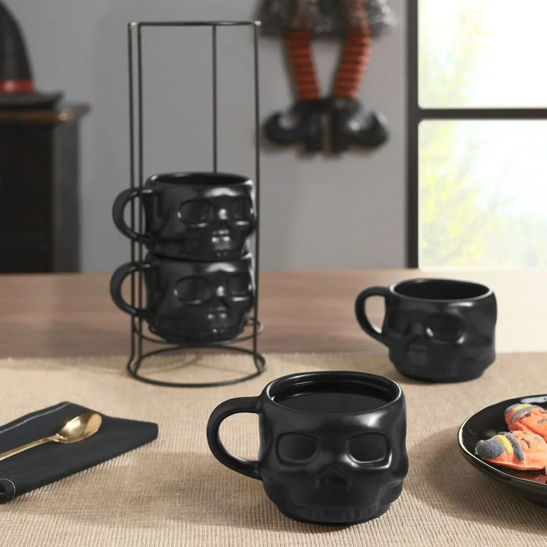 Way to Celebrate 4-Piece 13-Oz Black Skull-Shaped Glazed Ceramic Stacking Mug Set with Metal Rack | Walmart (US)