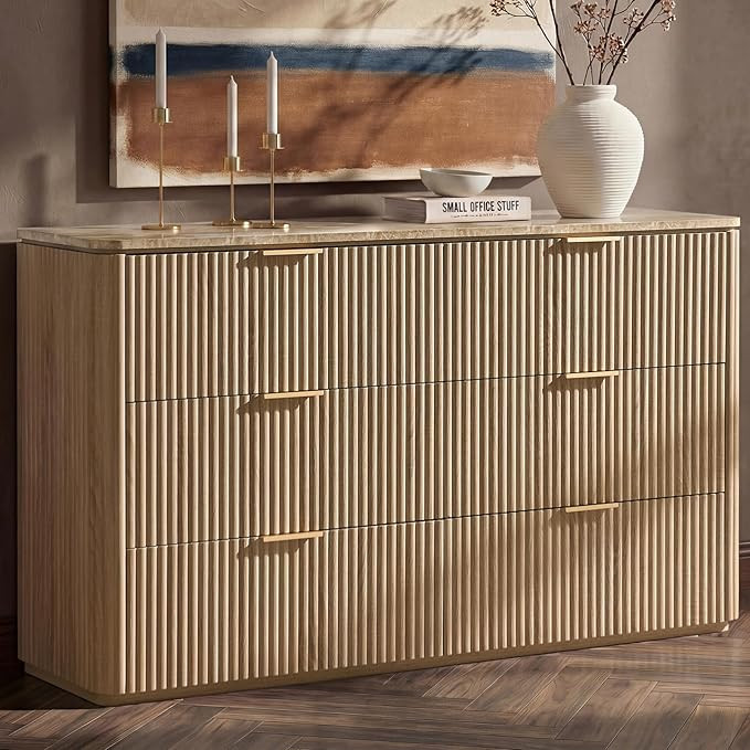 Dresser for Bedroom with 6 Drawers, 54"W Chest of Drawers, Fluted Dresser with Faux Marble Top, C... | Amazon (US)
