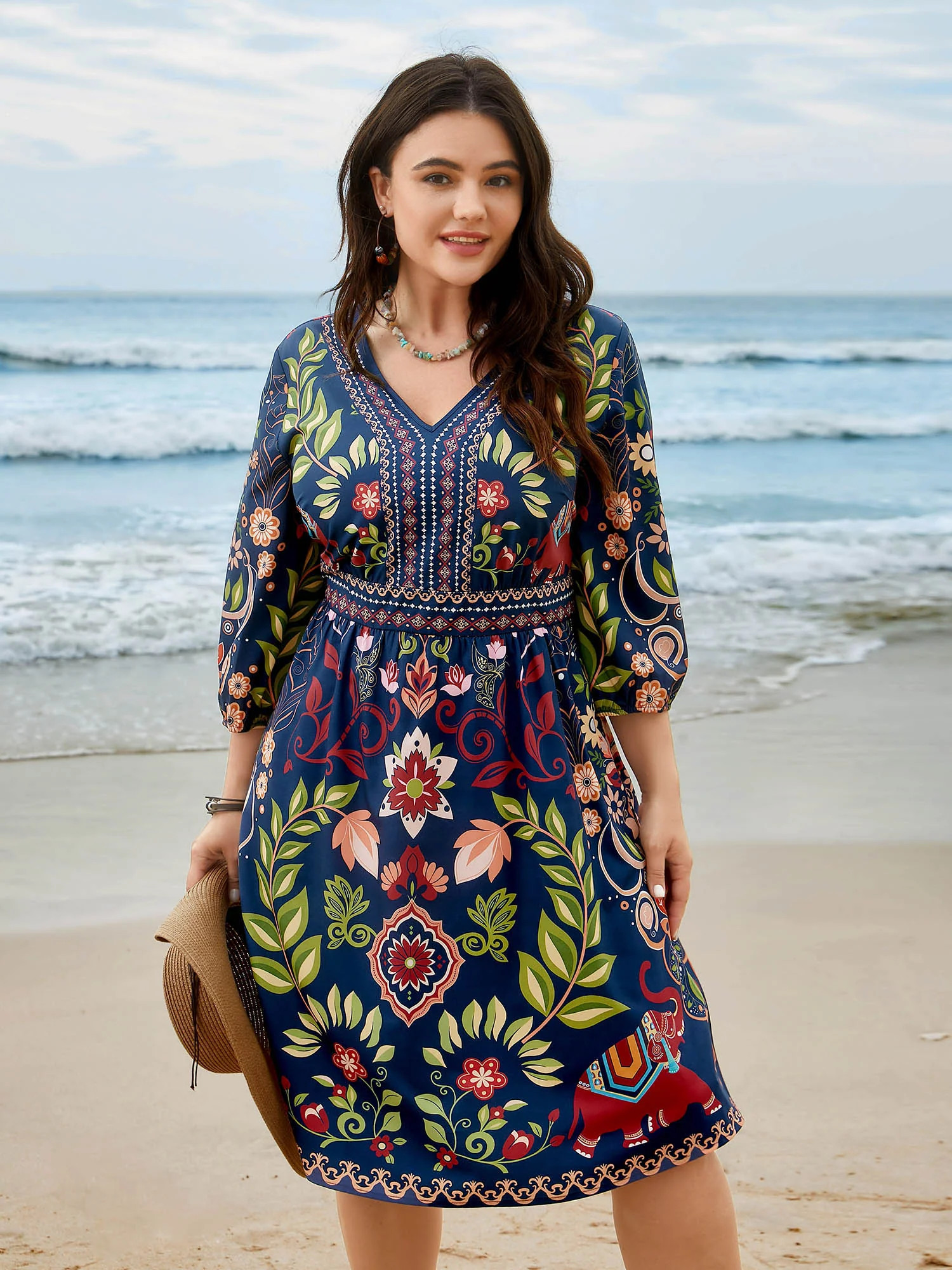 Boho Print V-Neck Pockets Midi Dress | Bloomchic