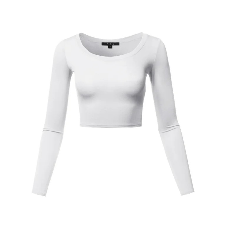 A2Y Women's Basic Solid Stretchable Scoop Neck Long Sleeve Crop Top White M - Walmart.com | Walmart (US)