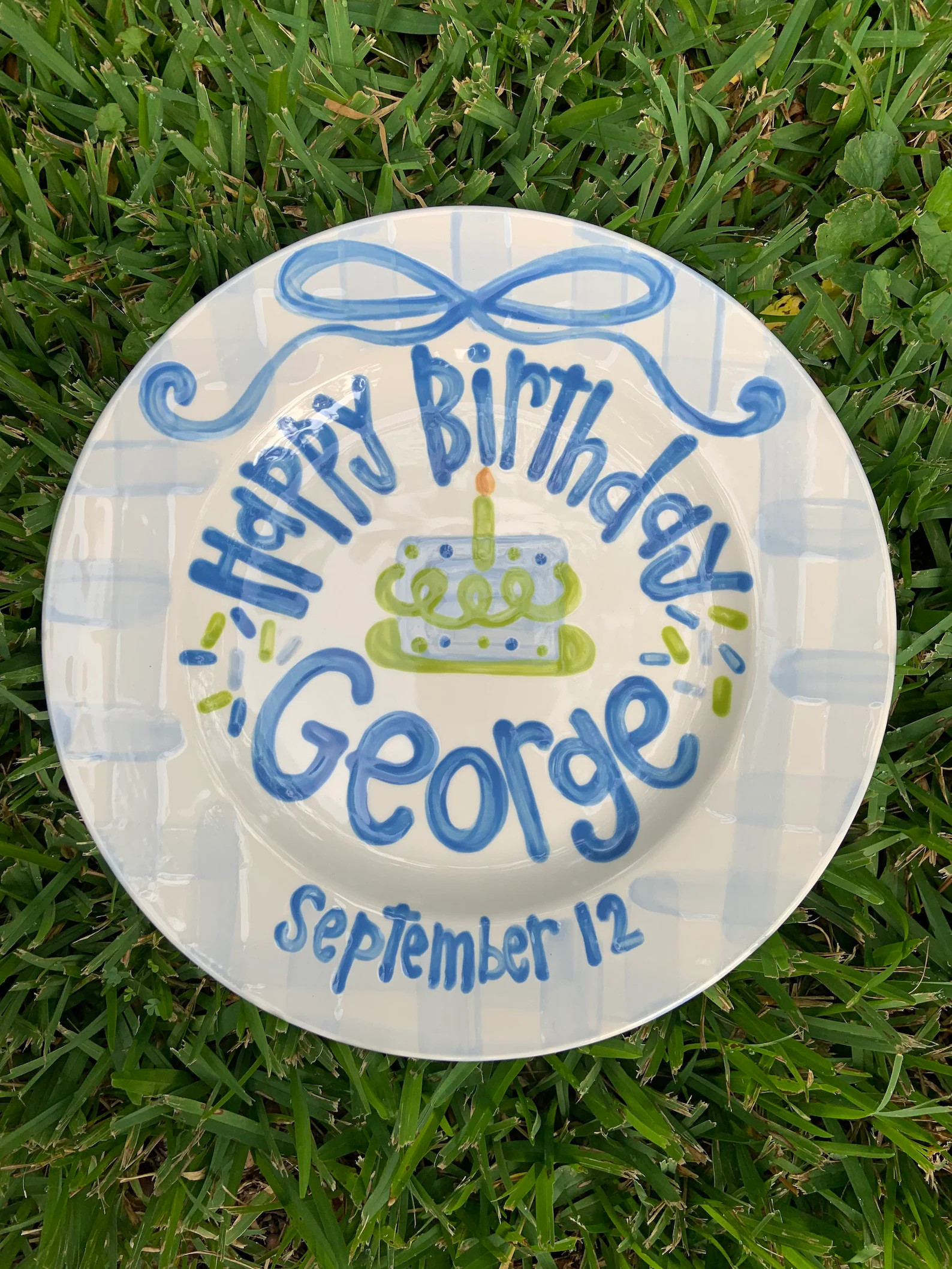 Boys preppy birthday plate // blue gingham and ribbon // first birthday // blue and white // smas... | Etsy (US)