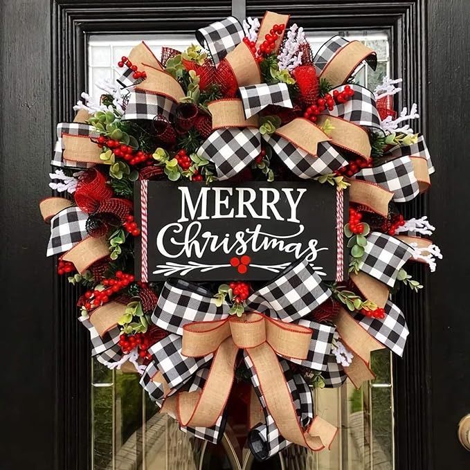 Christmas Buffalo Check Wreath Xmas Holiday Decor Outdoor Fall Decorations, Artificial Spruce Bur... | Amazon (US)