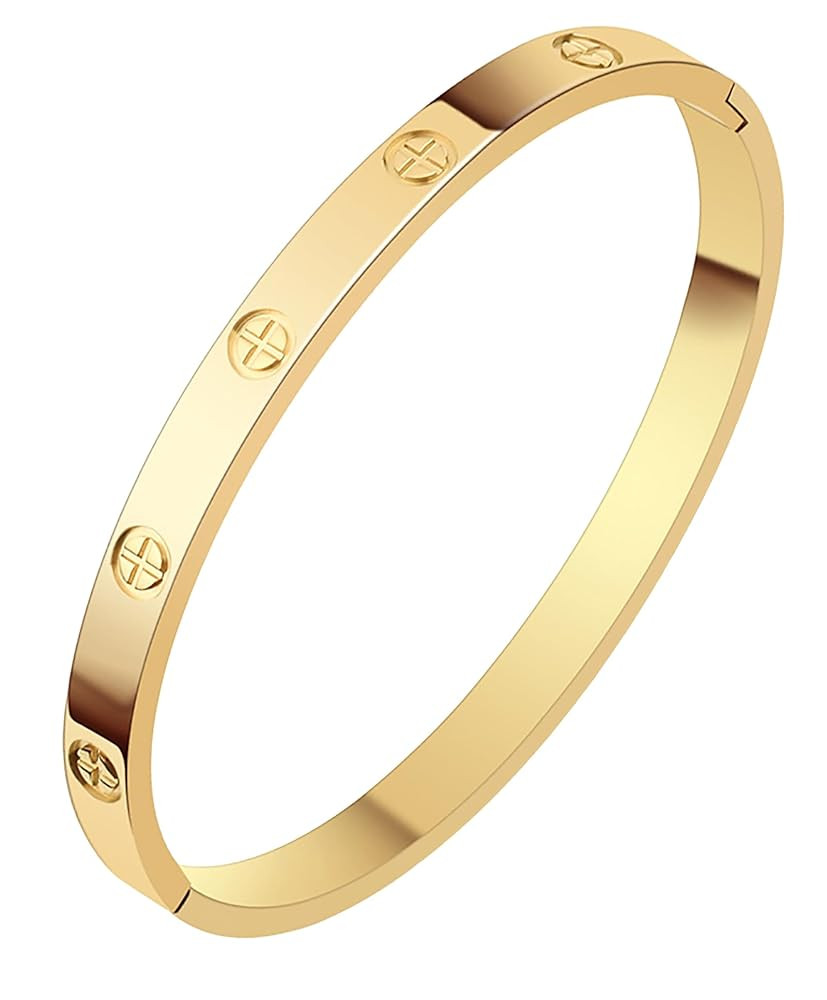 18K Gold Bangle Bracelets for Women, Stainless Steel Bracelets18K Real Gold Plated with Love 5A C... | Amazon (US)