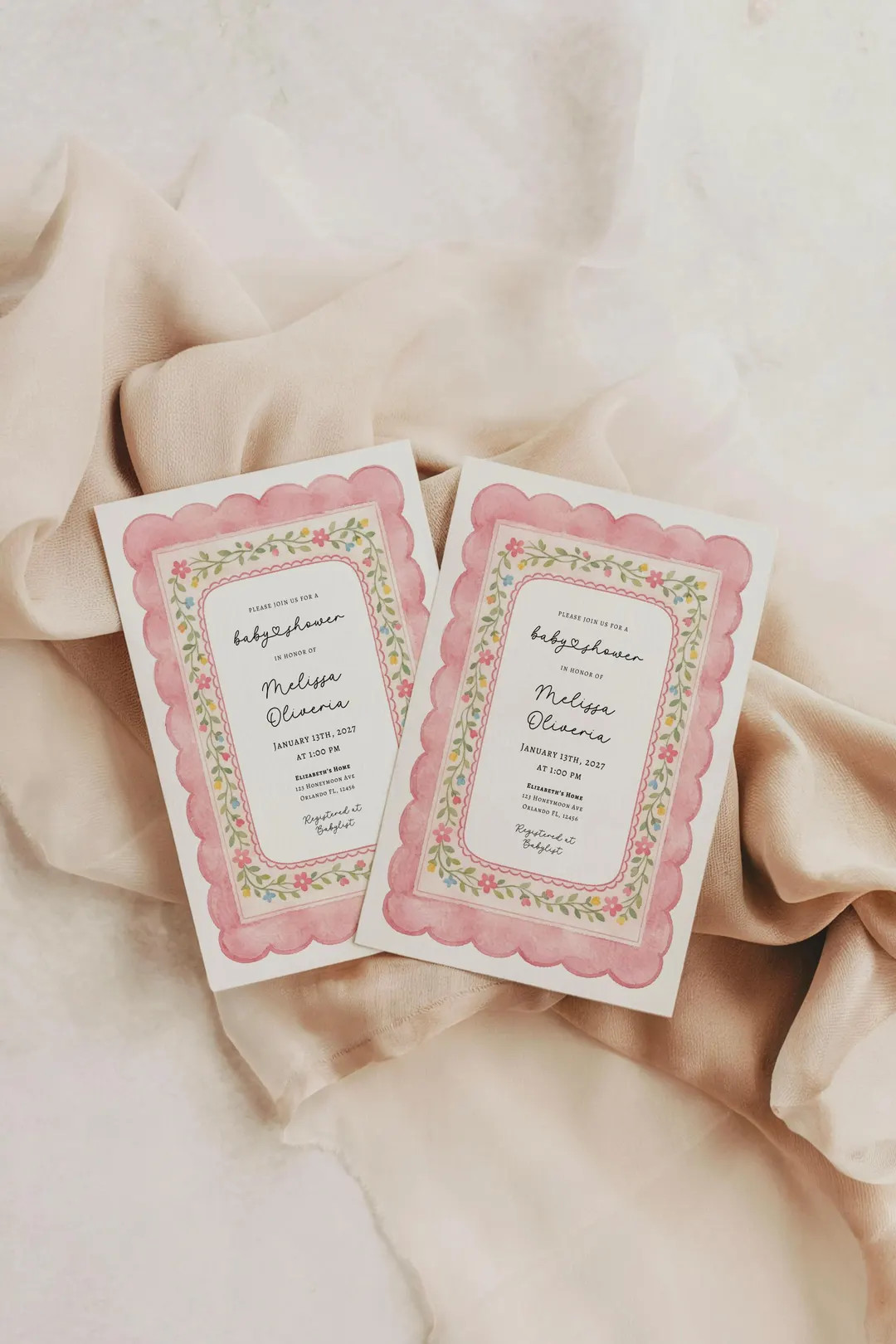 Pink Floral Scalloped Baby Shower Invitation, Editable Canva Template, Watercolor Garden Invite, ... | Etsy (US)