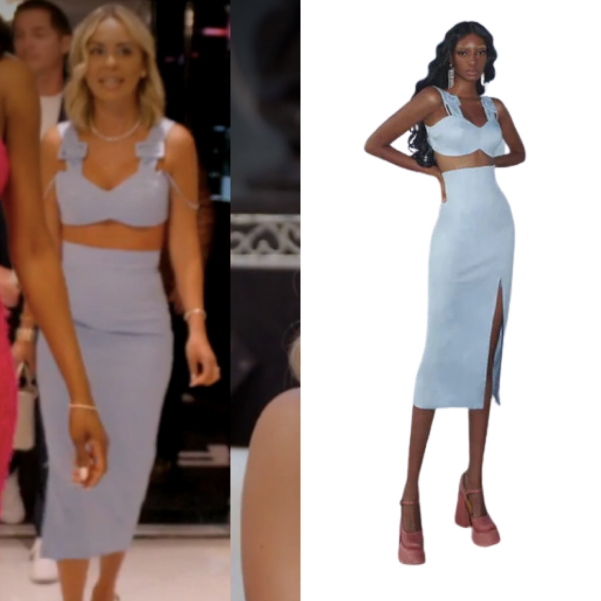 Nicole Martin’s Light Blue Buckle Strap Crop Top and Skirt Set is The Neptune Top and Skirt Set Available at ThemeDresser.com 