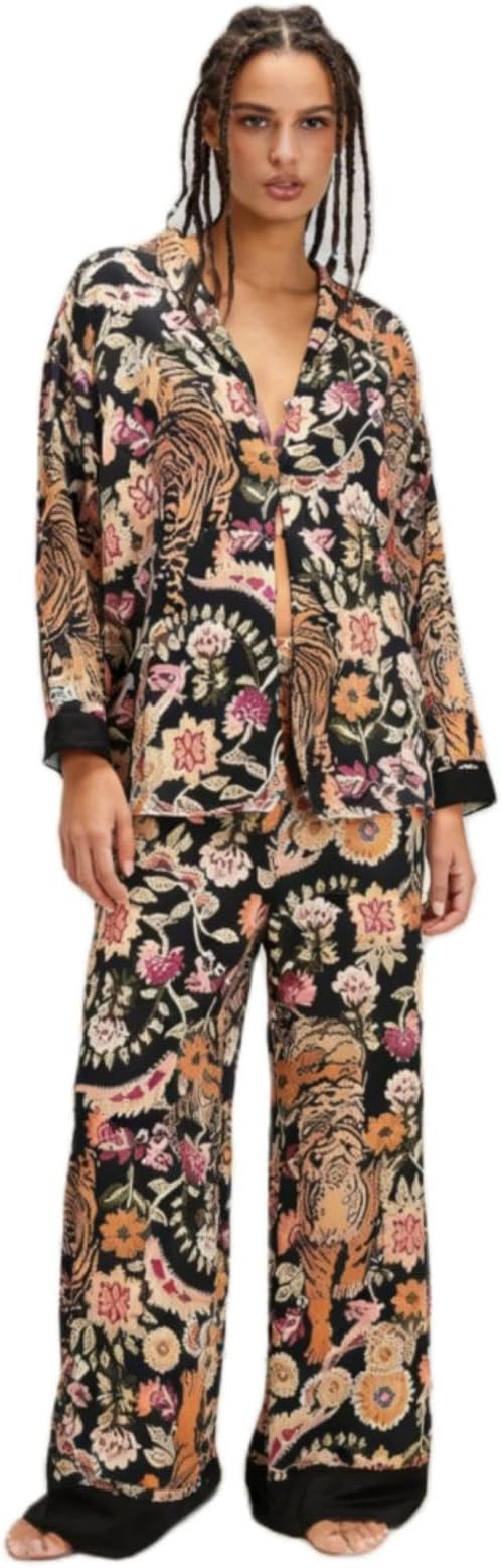 Womens Y2k Silk Pajama Sets Floral Print Long Sleeve Button Down Shirts Wide Leg Pants 2 Piece Lo... | Amazon (US)