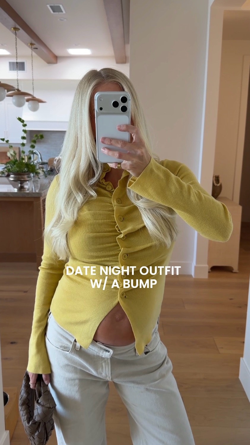 Wearing a medium in top, 29 short in jean (light brown, sized up for pregnancy, ordered short to wear lower under the bump - not necessary though would order true size), shoes run tts! #kathleenpost

Spring transition outfit, spring date look, coffee date outfit, winter denim, spring outfits, bump friendly, maternity look

#LTKspring #LTKspringtrends 
#LTKBump #LTKootd #LTKSeasonal #LTKgrwm