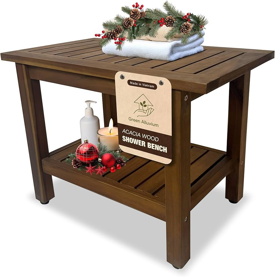 24 inch Acacia Wood Shower Bench with Storage Shelf - Waterproof Sturdy Shower Stool - Shower Sea... | Amazon (US)