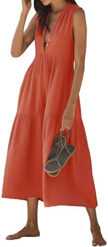 R.Vivimos 2026 Summer Cotton Maxi Dresses for Women Casual Sleeveless Button V Neck Tiered Loose ... | Amazon (US)