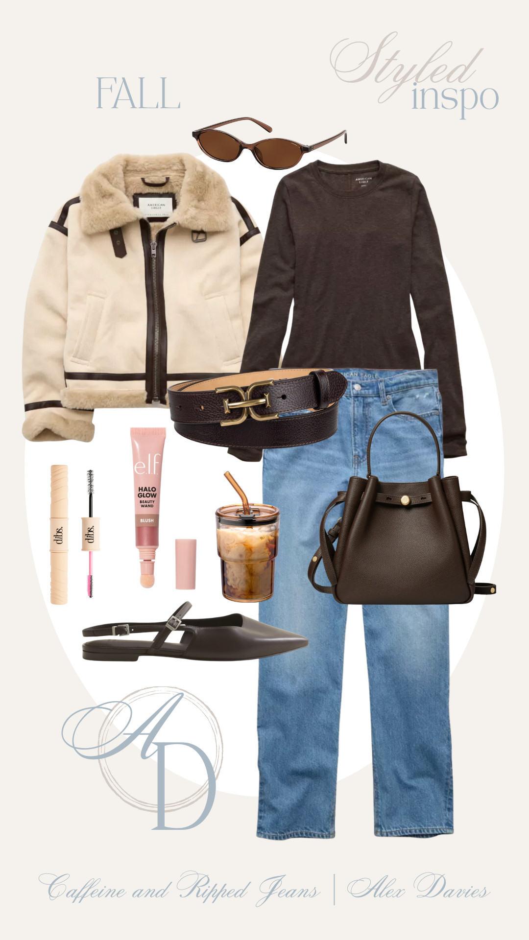 // american eagle // abercrombie // long sleeve tee // bomber jacket // sam edelman belt // american eagle denim // american eagle jeans // abercrombie flats // sunglasses // cup // iced coffee glass // elf cosmetics halo glow blush // dibs beauty mascara //  

 #LTKFallSale #LTKSeasonal #LTKSaleAlert