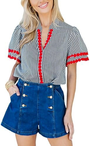 Yeokou Womens Striped Shirt V Neck Short Puff Sleeve Cotton Pullover Top Casual Summer Button Dow... | Amazon (US)