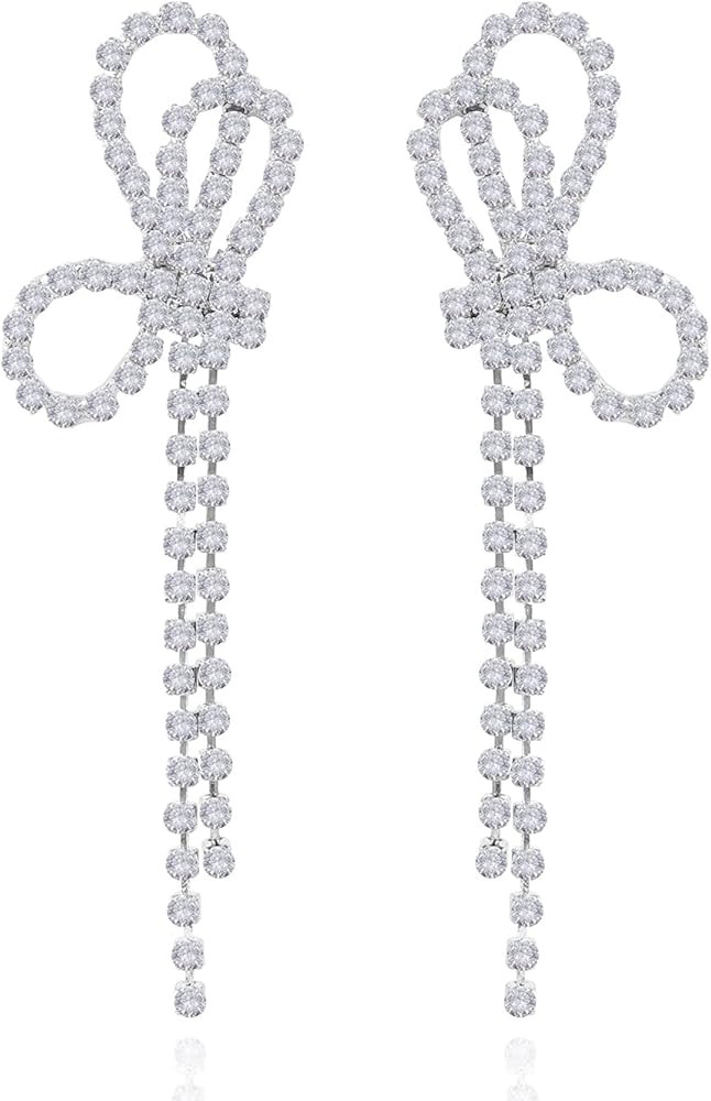 Rhinestone Earrings for Women Crystal Bow Earrings Tassel Earring Silver Dangle Earrings for Girl... | Amazon (US)