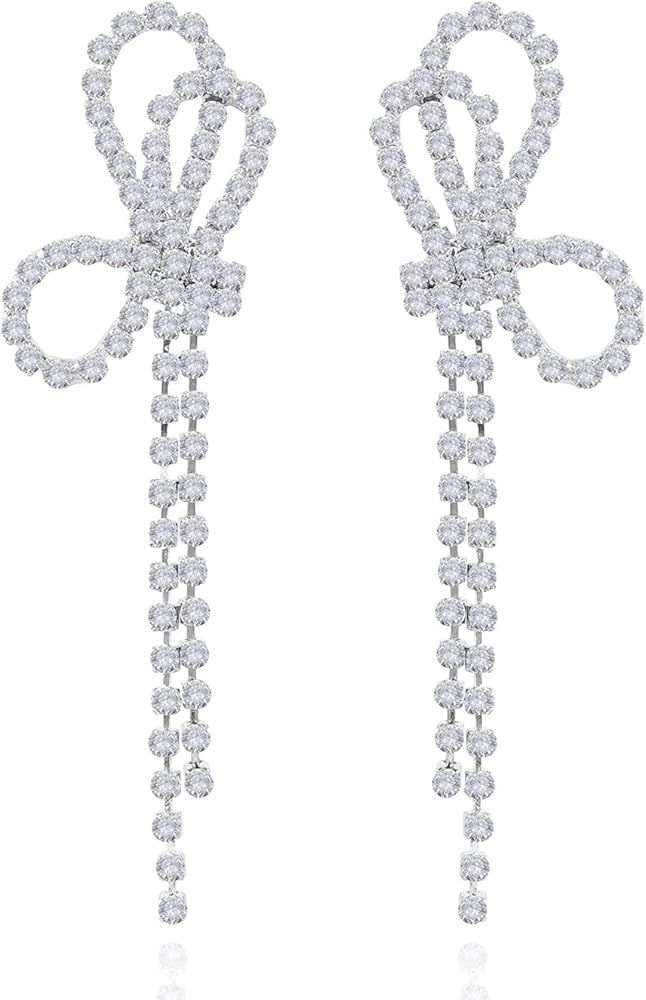 Rhinestone Earrings for Women Crystal Bow Earrings Tassel Earring Silver Dangle Earrings for Girl... | Amazon (US)