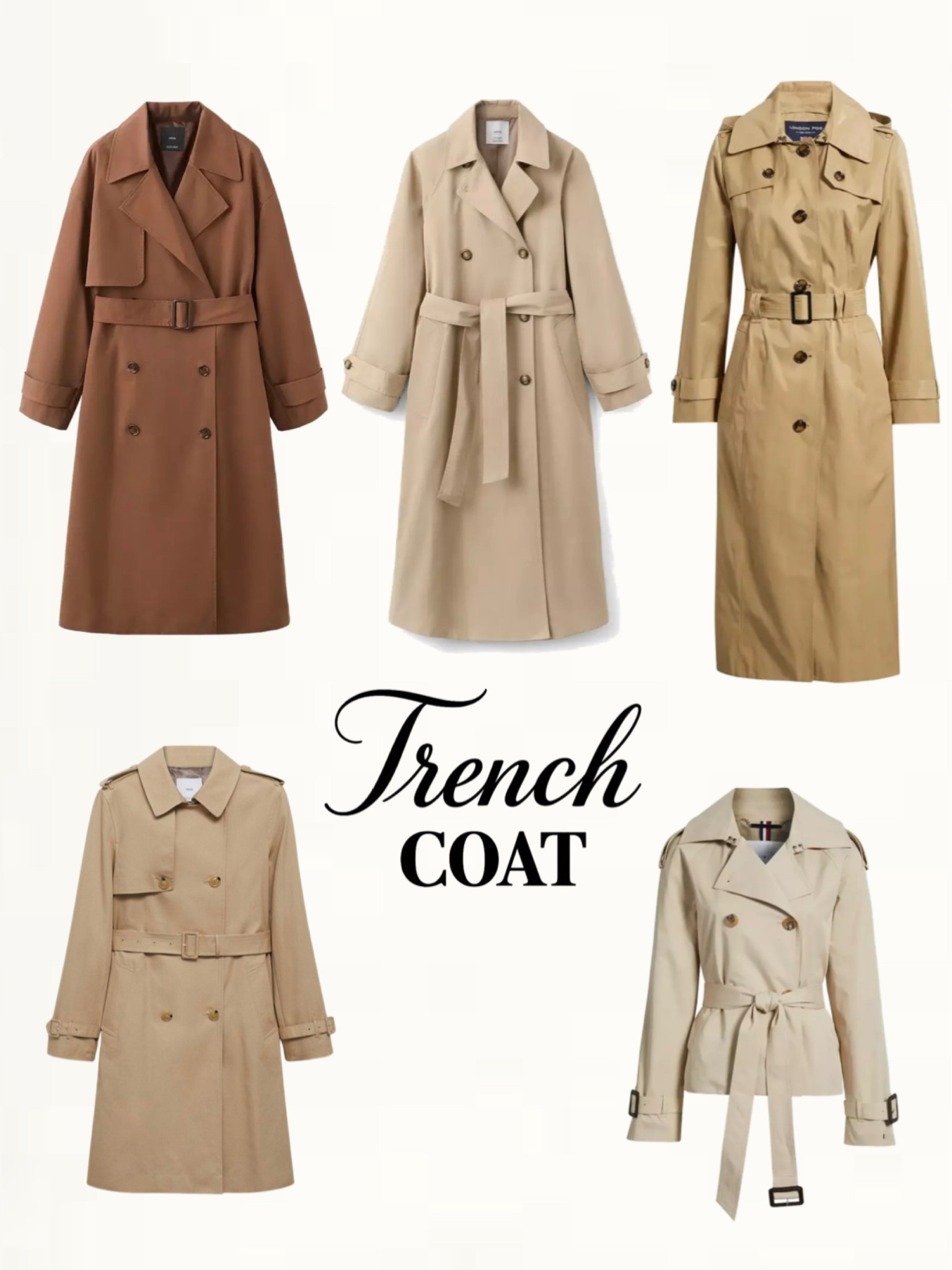 Classic trench coat edit featuring timeless pieces: longline double-breasted trench coats in beige, camel, and warm brown tones, a tailored khaki trench, and a cropped light beige trench jacket with belt. Versatile neutrals perfect for layering this spring.

#trenchcoat #springstyle #capsulewardrobe

#LTKootd #LTKOver40 #LTKSeasonal
