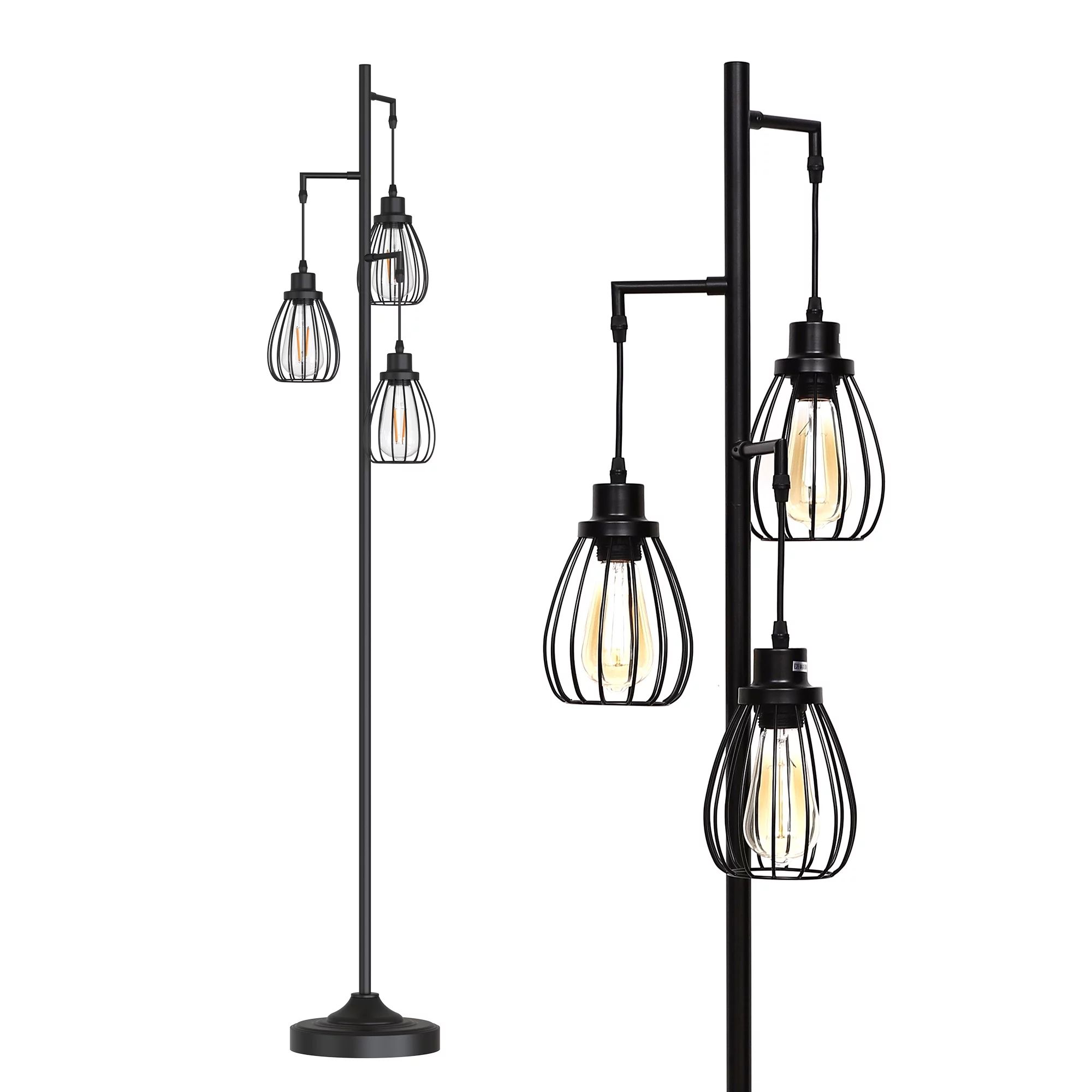 LOHAS 3-Light Tree Black Floor Lamp,Industrial Living Room Floor Lamp with Elegant Teardrop Cage ... | Walmart (US)