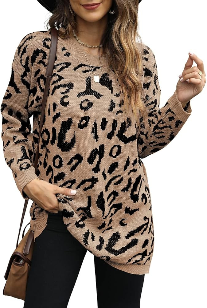 Bofell Women's Leopard Print Oversized Crew Neck Trendy Knitted Pullover Sweater Tops | Amazon (US)