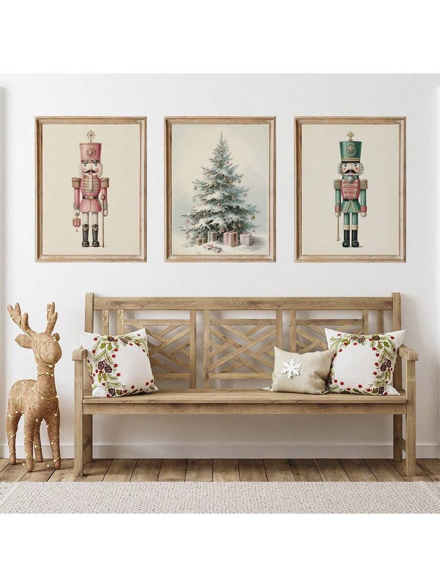 Conjunto de 3 crackers de nueces Impresos en lienzo para decoración de pared navideña, decoraci... | SHEIN