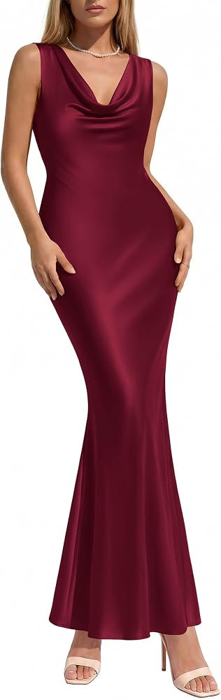 KIRUNDO Womens Cowl Neck Sleeveless Bodycon Satin Maxi Dress | Amazon (US)