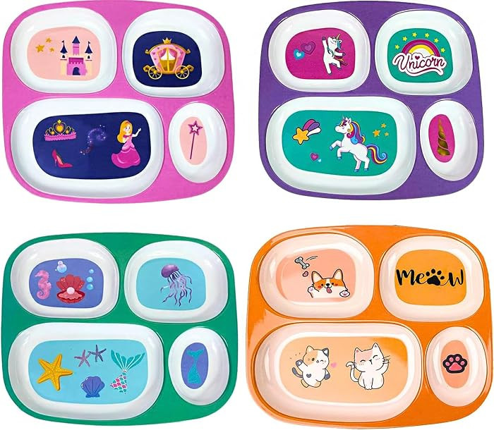 4E's Novelty 4 Melamine Dinner Plate for Kids Girls, Plastic Mealtime Divided Plates, Dinnerware Dishes Set For Toddlers Picky Eaters, BPA Free, Princess, Unicorn, Sea Life, Cat | Amazon (US)