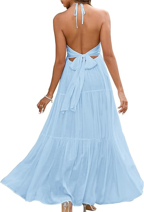GLNEGE Summer Maxi Beach Dress Boho Halter V Neck Backless Bow Dresses Flowy Trendy Ruffle Sundre... | Amazon (US)