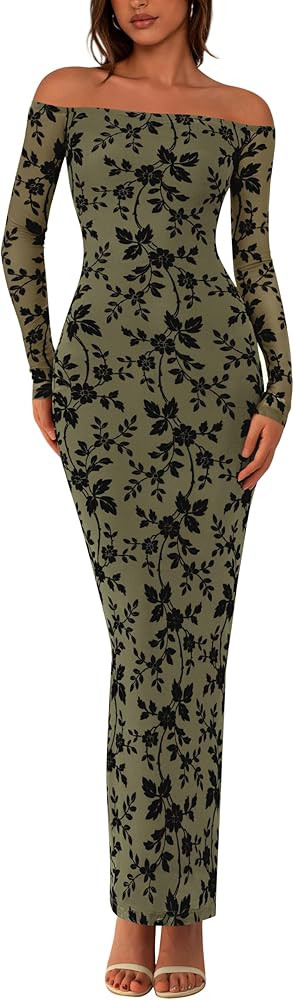PRETTYGARDEN Womens Fashion Off Shoulder Floral Maxi Bodycon Dress Spring Long Sleeve Mesh Long F... | Amazon (US)