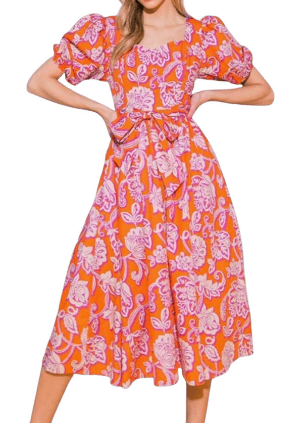 Orange and orchid floral midi dress | Mulberry & King