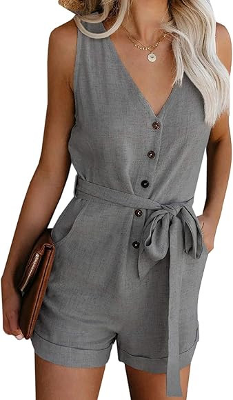 AILUNSNIKA Womens V Neck Button Down Tank Rompers Jumpsuit Shorts Playsuits with Pockets | Amazon (CA)
