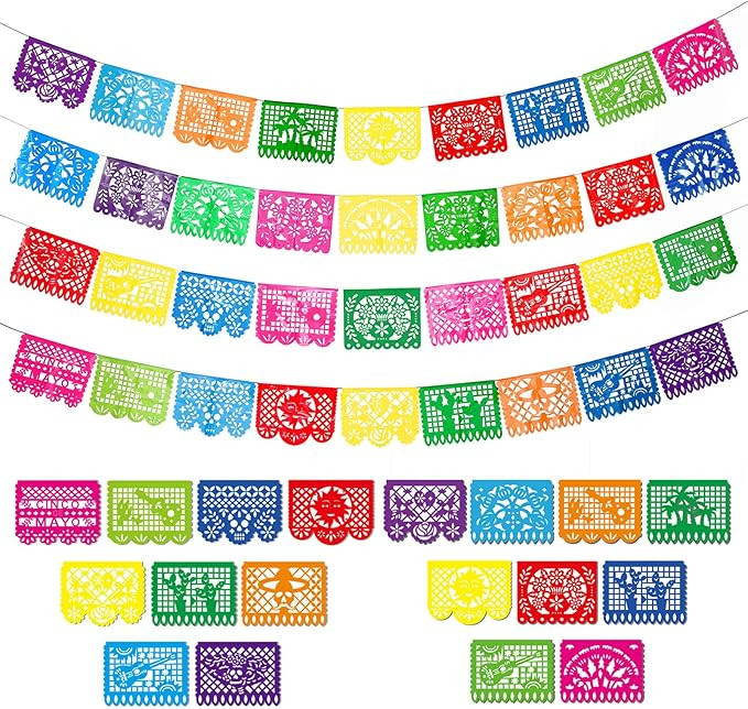 4 Packs Mexican Party Banner Large Plastic Papel Picado Banner Fiesta Plastic Banner Mexican Fies... | Amazon (US)