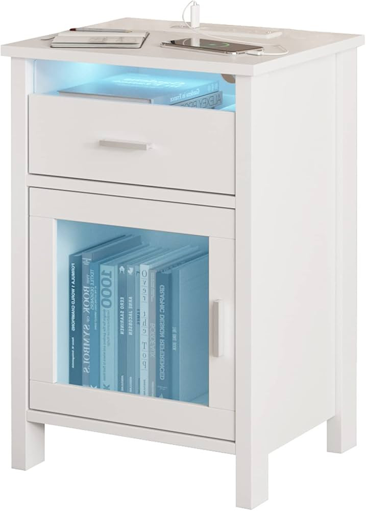 Saedew Nightstand with Charging Station, End Table with Drawer and Storage Cabinet,White Night St... | Amazon (US)