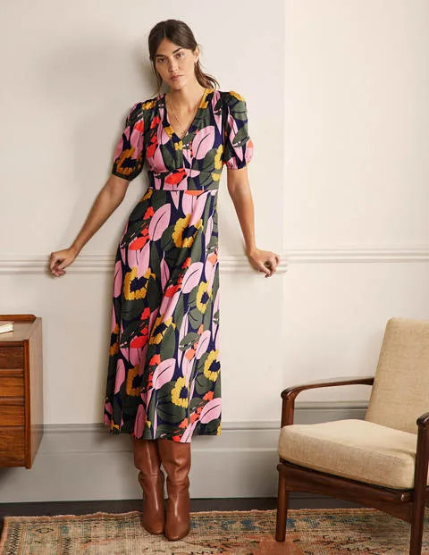 Puff Sleeve Ponte Midi Dress - French Navy, Abstract Bloom | Boden (US)