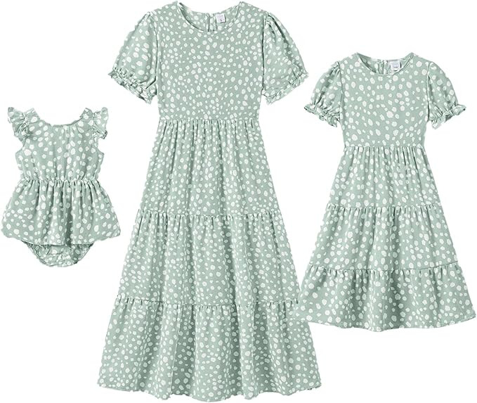 IFFEI Mommy and Me Dresses Summer Casual Boho Matching Outfits Ruffle Puff Sleeve High Waist Midi... | Amazon (US)