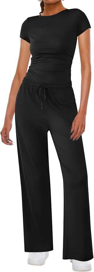 Ekouaer Women's 2 Piece Lounge Sets Ruched Short Sleeve Pajama Set High Waisted Wide Leg Pants Lo... | Amazon (US)