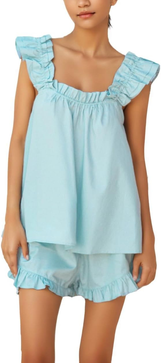 Womens Summer 2 Piece Set Fashion Ruffle Trim Cami and Casual Shorts Set Cotton Pajama Sets | Amazon (US)
