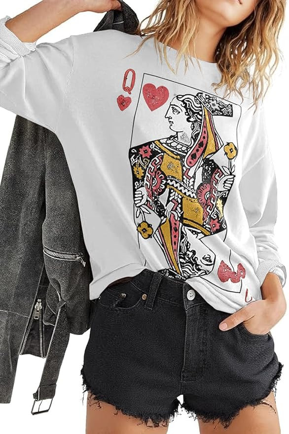 Fazortev Womens Crewneck Graphic Sweatshirts Queen Of Hearts Long Sleeve Shirts Cute Loose Fit Ca... | Amazon (US)